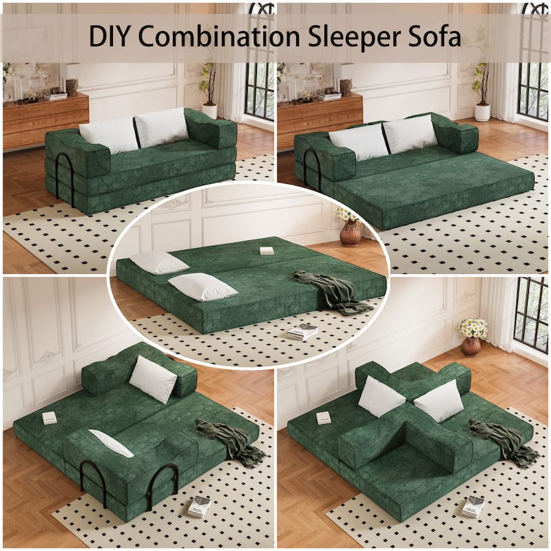80" Convertible Sofa Bed with 2 Pillows, 2-Seat Folding Floor Couch, Multifunctional Chenille Loveseat Living Room Sleeper Sofa