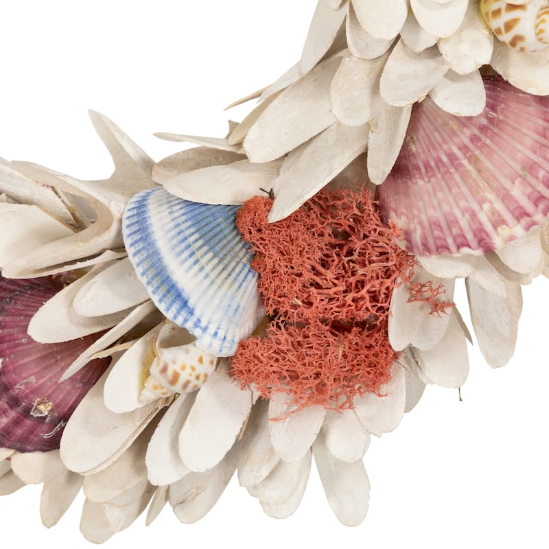 Artificial Seashells Wooden Wreath - 13" - White