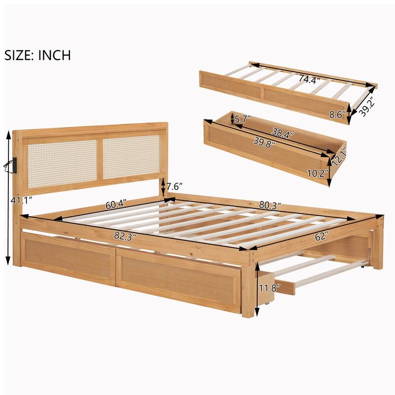 Elegant Bed Frame with Rattan Headboard and Sockets