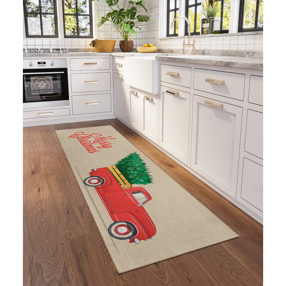 Indoor/ Outdoor Cozy Winter Red Washable Christmas Truck Rug