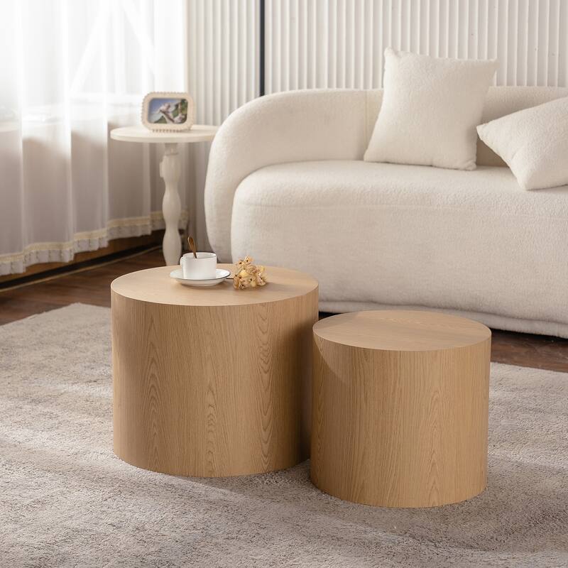 Compact Round Wooden Nesting Coffee Table Set - Space-Saving Modern Design - Natural Wood