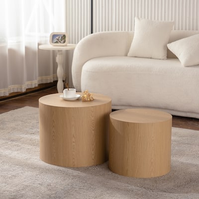 Modern Round Table Circular Coffee Table Nesting Coffee Table 2 Piece Set with Waterproof, Wood Grain, for Living Room Bedroom