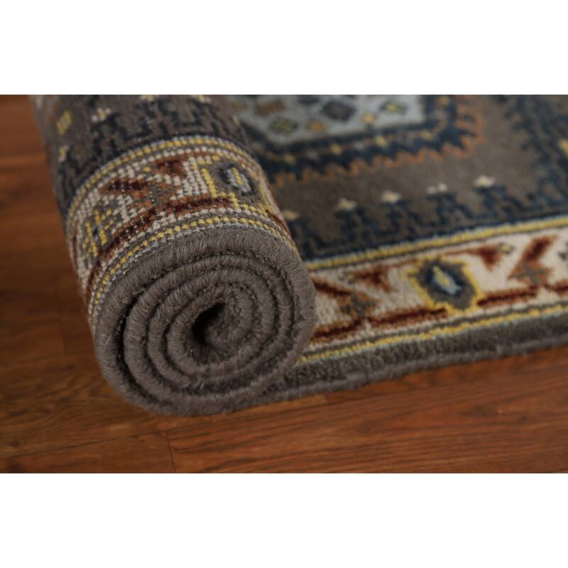 Gray Geometric Viss Indian Runner Rug Handmade Wool Carpet - 2'7"x 8'1"