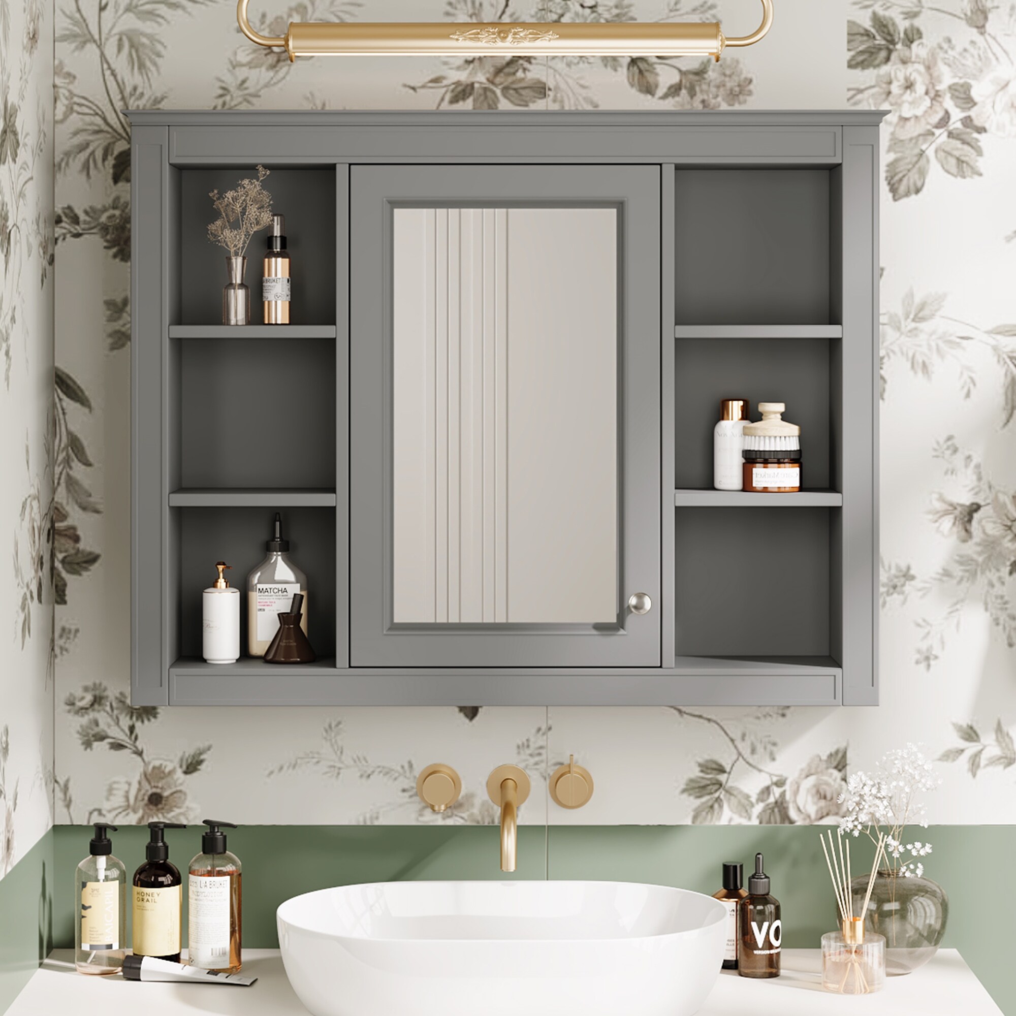 Home Discount Priano Bathroom Wall Cabinet - Grey, 2-Door Mirrored Storage Unit, Shaker Style
