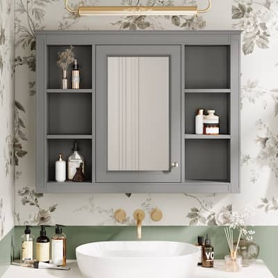 Medicine Cabinet Wall Mounted Bathroom Storage Cabinet Modern Bathroom Wall Cabinet Mirror Cabinet with 6 Open Shelves
