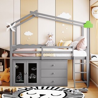 Twin Size House Loft Bed with Storage Drawers and A Cabinet Fitted with ...