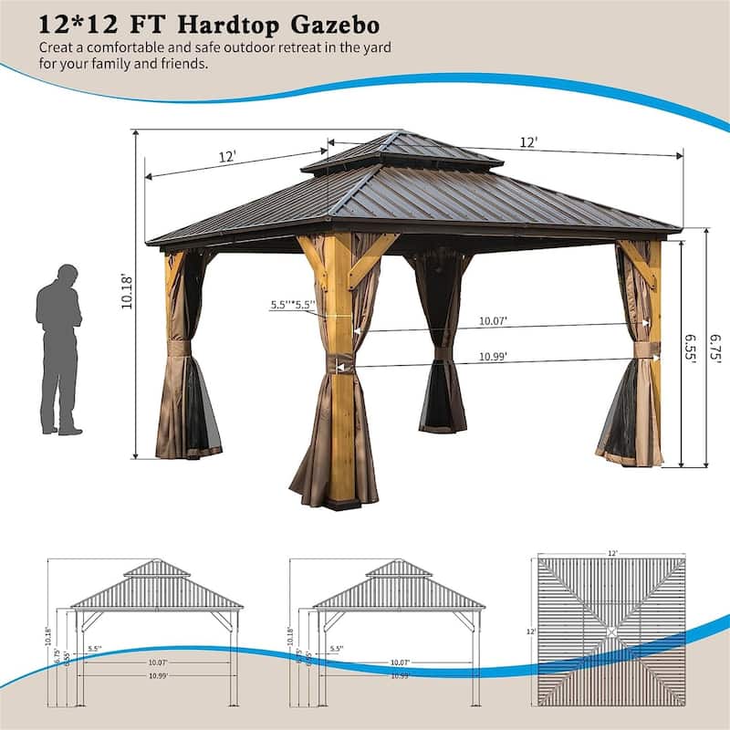 Outdoor Hardtop Gazebo Cedar Wood Frame Galvanized Steel Double Roof with Curtains and Netting