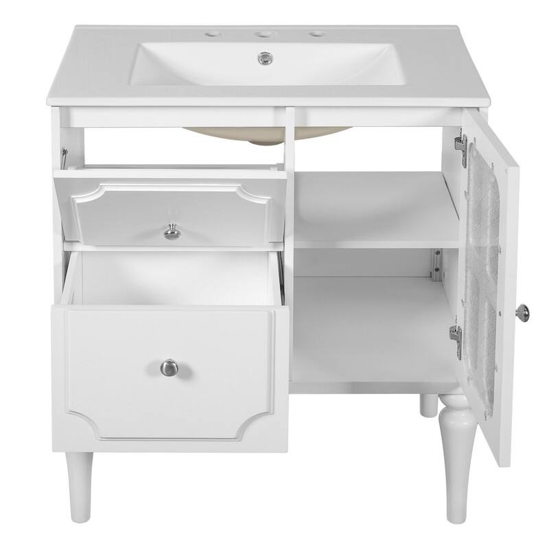 Solid Wood Frame Retro Style Bathroom Vanity with 30'' Ceramic Sink Combo, Freestanding Vanity Storage Cabinet with Glass Door