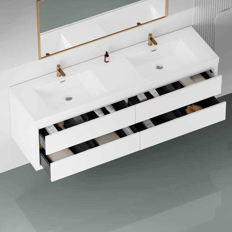 GDFStudio - Maxwell Floating Bathroom Vanity with Stone Resin Countertop & Soft-Close Drawers