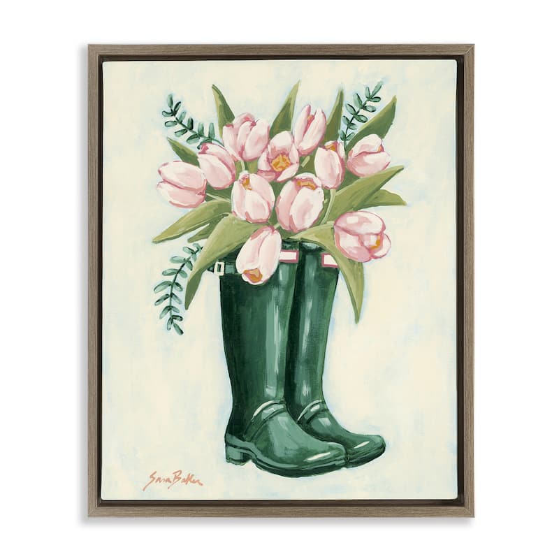 Stupell Tulips in Rain Boots Framed Floater Canvas Wall Art Design By Sara Baker - 25 x 31 - Brown