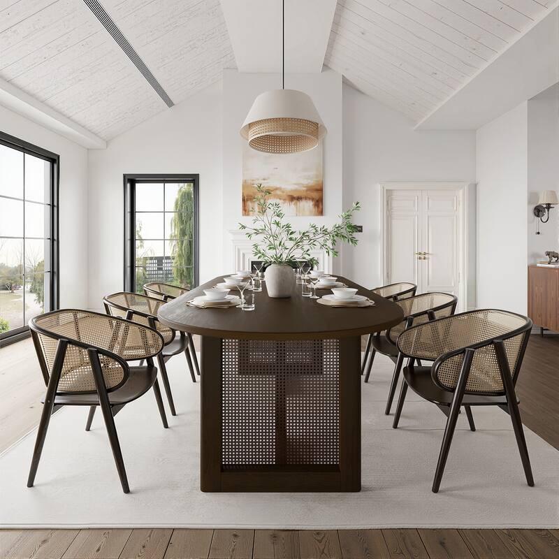 79" Dovelina Oval Dining Table with Rattan Double Pedestal for 8 People