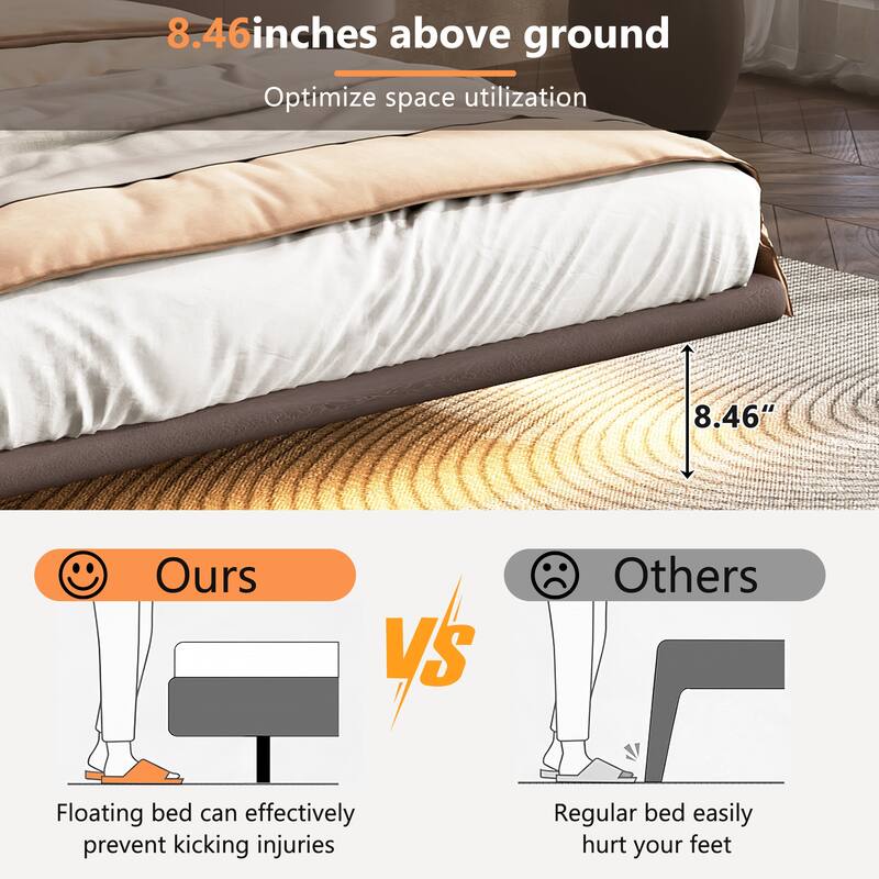Modern PU Leather Floating Platform Bed with LED Lights, No Boxing Spring Needed