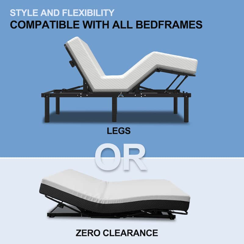 Zero-Clearance Adjustable Bed Base Frame Head and Foot Incline Quiet Motor Queen Size Zero Gravity, Dual USB A+C Ports
