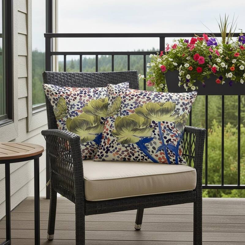 HomeRoots Set of Two 16" X 16" Blue and Yellow Butterfly Blown Seam Floral Indoor Outdoor Throw Pillow - Blue/Yellow - 16.00' X '16.00' X '5.00