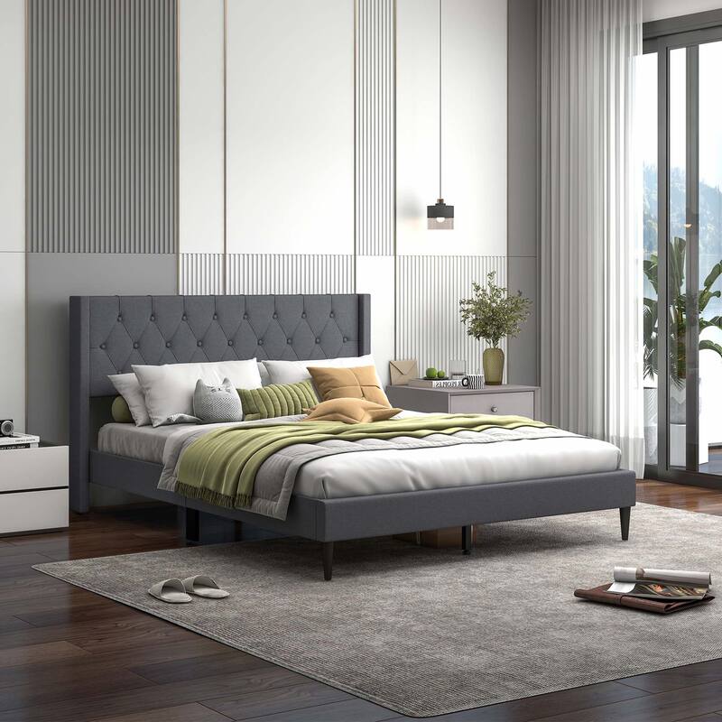 Costway Queen Size Upholstered Platform Bed with Button Tufted