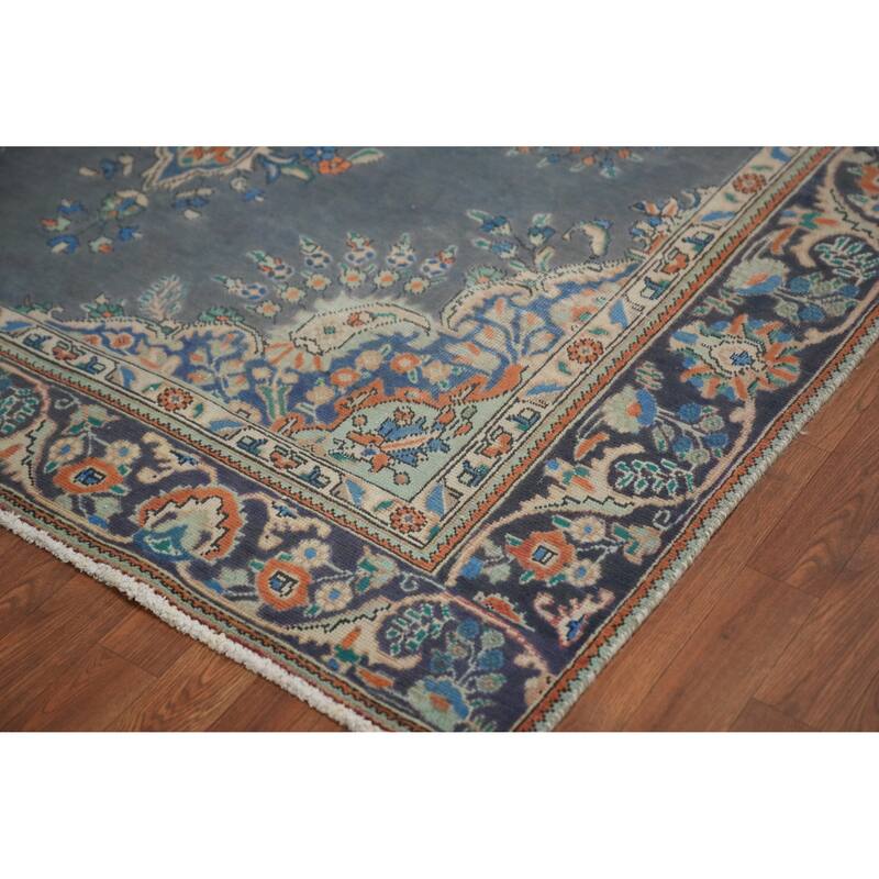 Slate Blue Tabriz Persian Vintage Area Rug Hand-Knotted Wool Carpet - 6'2" x 9'5"