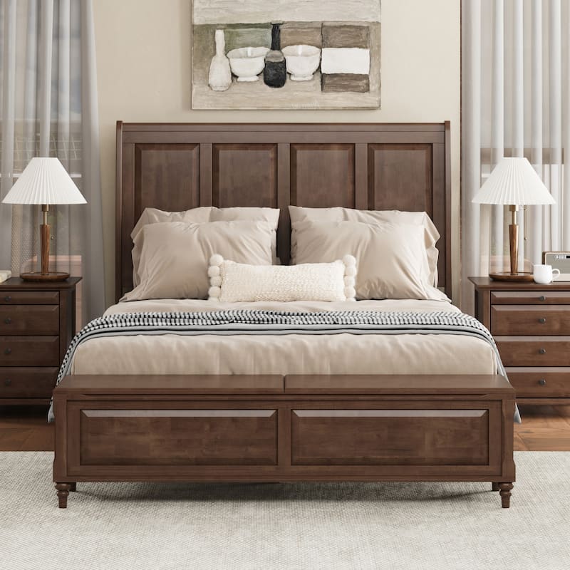 GDFStudio - Traditional Solid Wood Sleigh Bed Frame with High Paneled Headboard & Storage Chest Bench, No Box Spring Needed - Walnut Brown - Queen