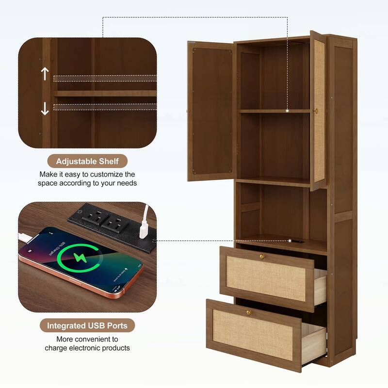 2 Doors Storage Cabinet with USB Port and 3 Drawers,Storage Shelves for Modern Living