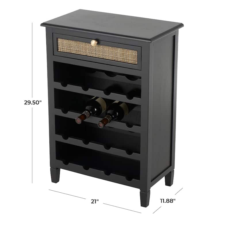 Black Wooden Handmade 12 Bottle 1 Drawer Standing Wine Rack with Rattan Front