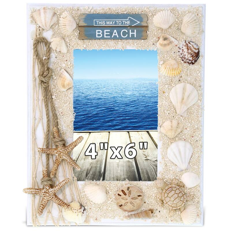 CoTa Global White Wood Seashell Oceanic Sea Turtle Photo 4X6 Frame - 9.4 Inches