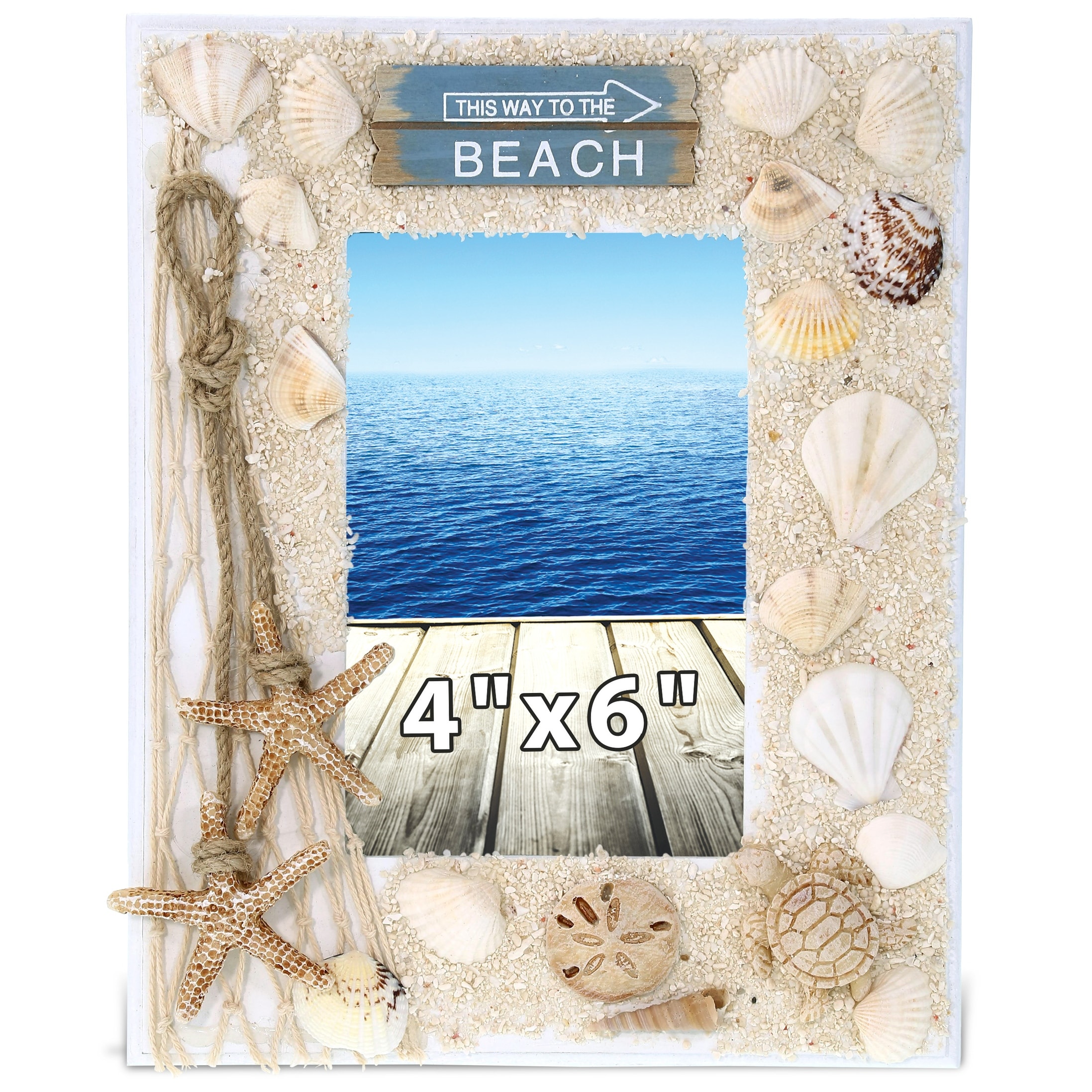 CoTa Global White Wood Seashell Oceanic Sea Turtle Photo 4X6 Frame - 9.4 Inches