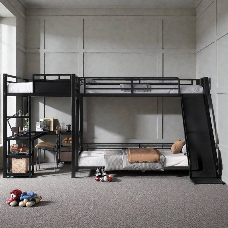 Metal Triple Bunk Bed with L-Shaped Desk, Storage Shelves & Slide, Twin/Twin XL over Full/Queen Space-Saving Loft Design