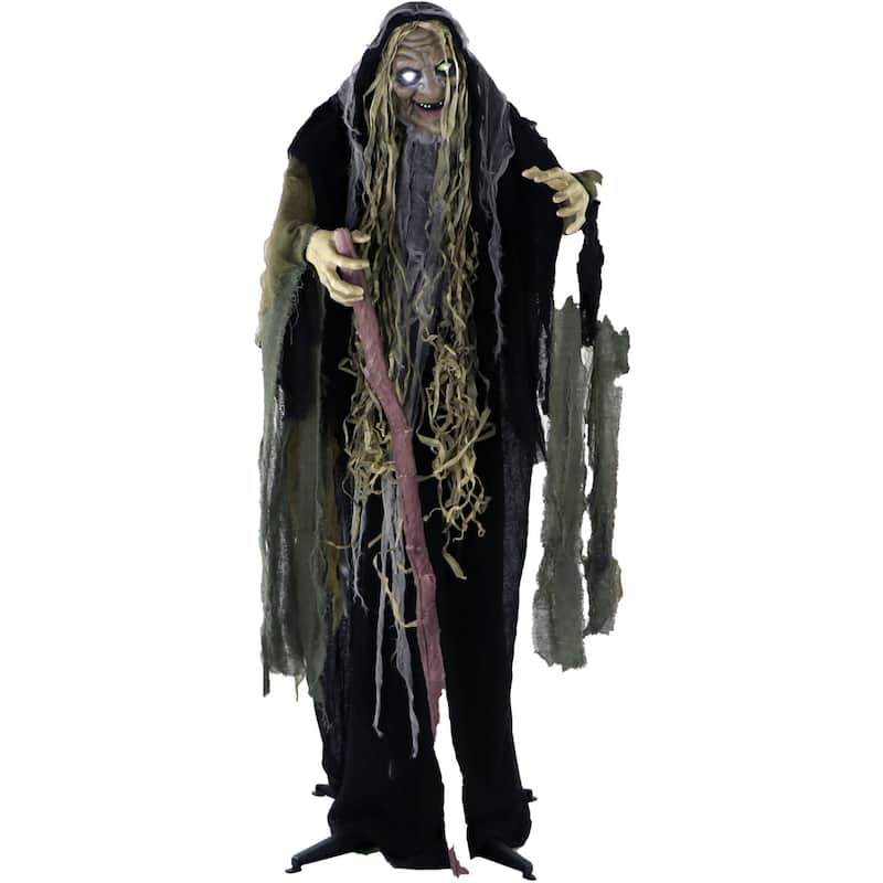 Haunted Hill Farm Life-Size Animatronic Witch, Indoor/Outdoor Halloween Decoration, Light-up White Eyes, Poseable