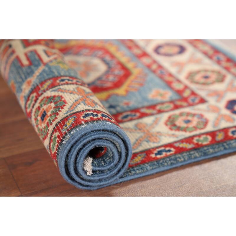 Hand Knotted Oriental 100% Wool Carpet Traditional Geometric Navy Blue & Blues Kazak Area Rug - 3' 0'' X 2' 0''