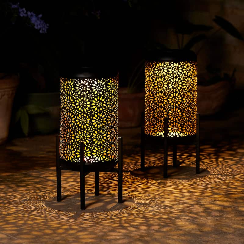 Glitzhome 14.25"H Set of 2 Metal Flower Cutout Solar Lanterns Floor Lantern