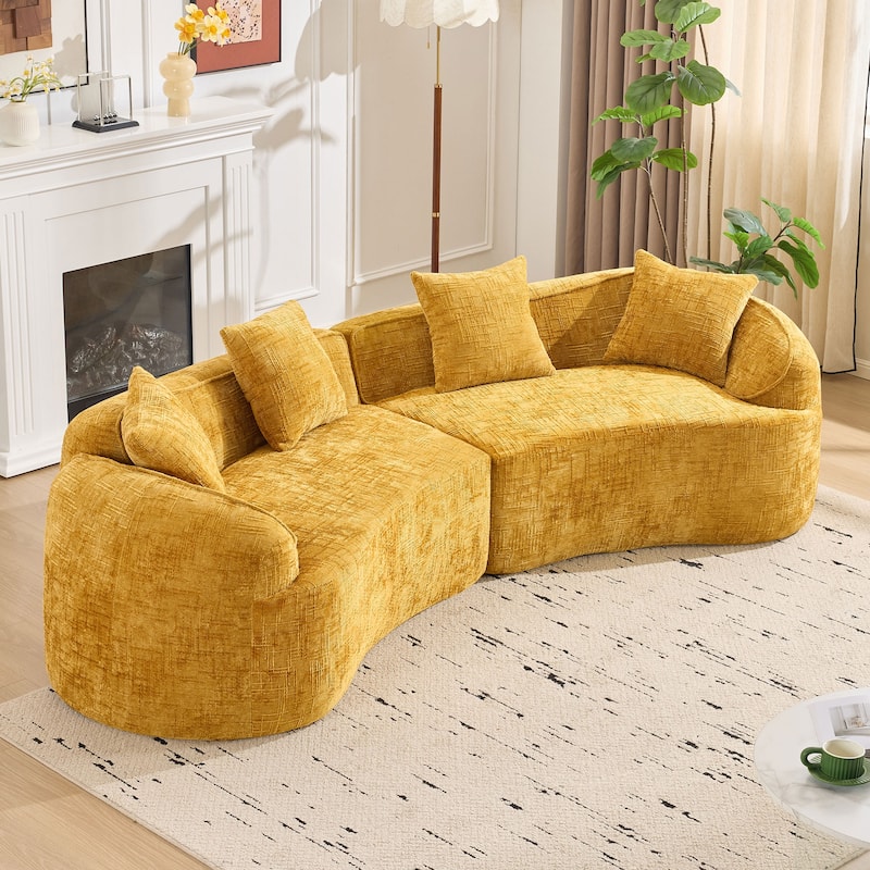 Curved Sectional Sofa with Pillows, Chenille Upholstered 4 Seater Sofa, Full-Compressed Deep Seat Sofa for Living Room