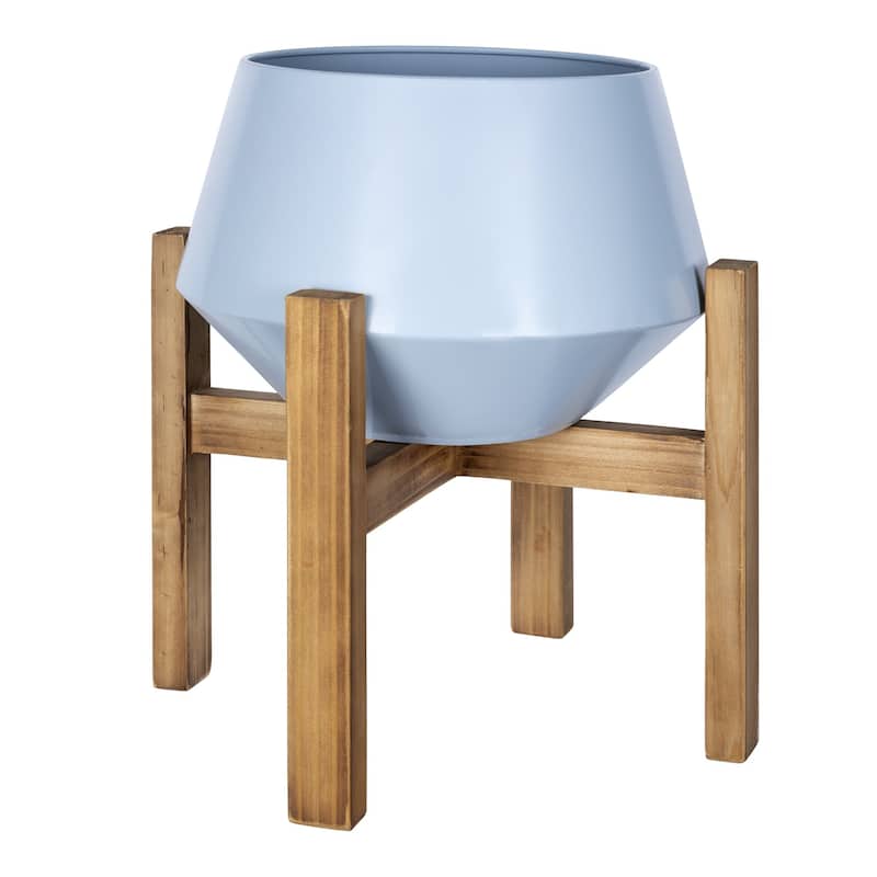 Hexagonal Planter with Wooden Base - 13.25" H x 9.25" W x 9.25" D