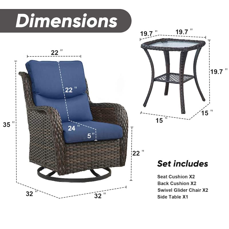 3 Pieces Outdoor Gliders Swivel Chairs with Table with 5-Inch Thick Cushions