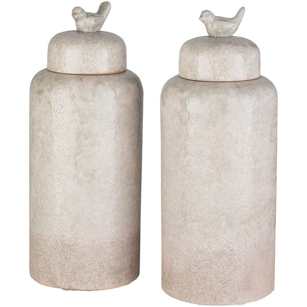 Set of 2 Beige and Ivory Cylindrical Bottles with Lids 16.25" - N/A