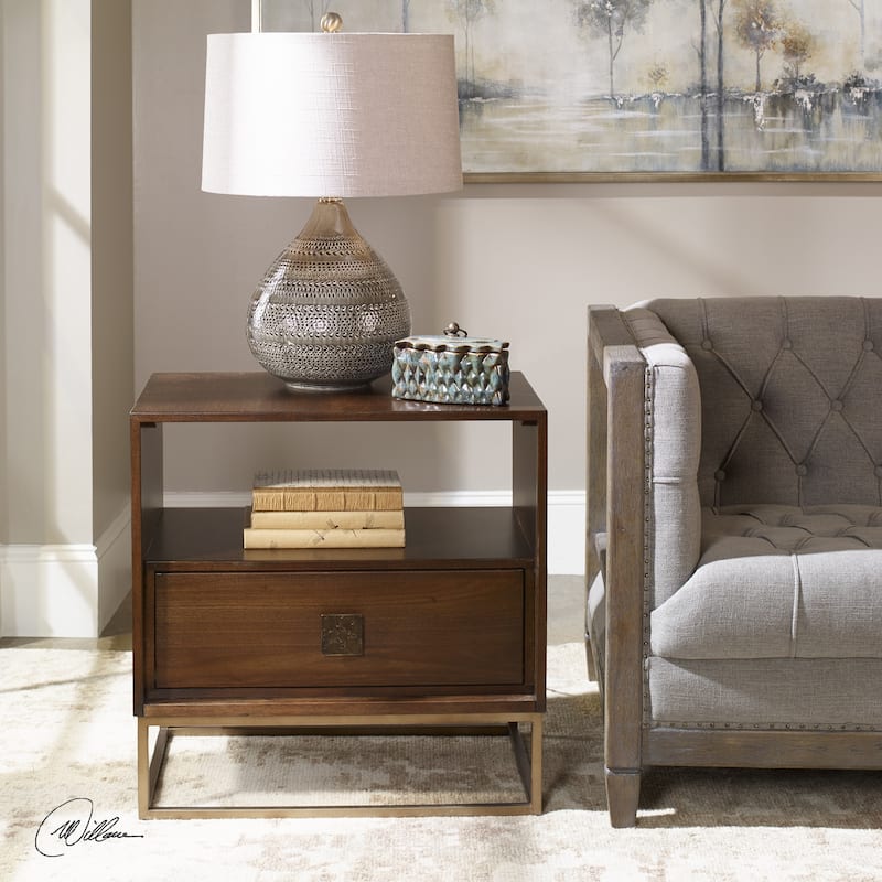 25" brown walnut wood side table with storage drawers