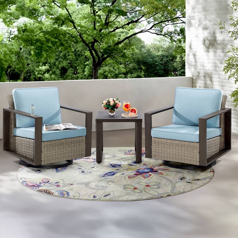 Cozywor 3-Piece Patio Swivel Outdoor Rocking Chair Conversation Set with Side Table - Baby Blue