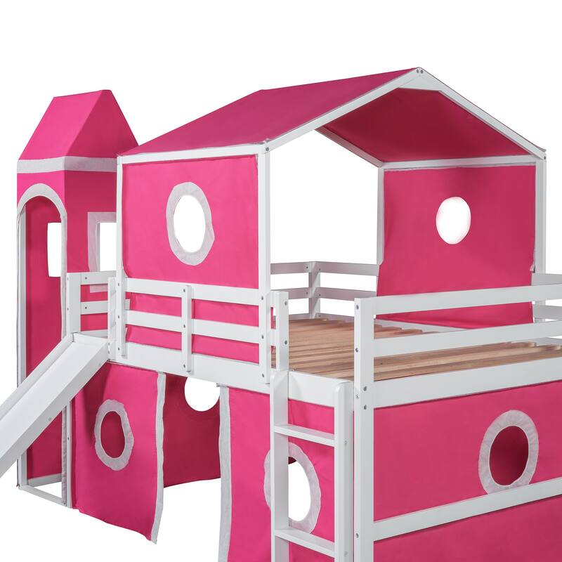 Loft Bed Castle-Shaped Kids Bed with Slide and Window, Tent and Tower, Lovely Kids Bed Playhouse Design for Your Children