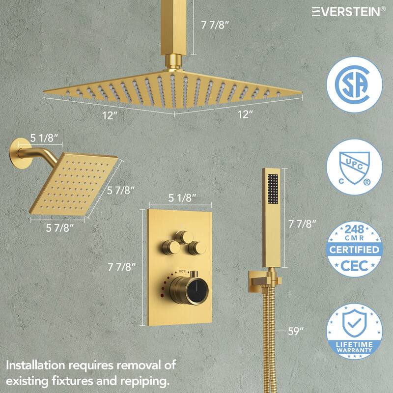 2 Pack Dual Heads 12" Rainfall & High Pressure 6" Shower System with 3 Way Thermostatic Faucet