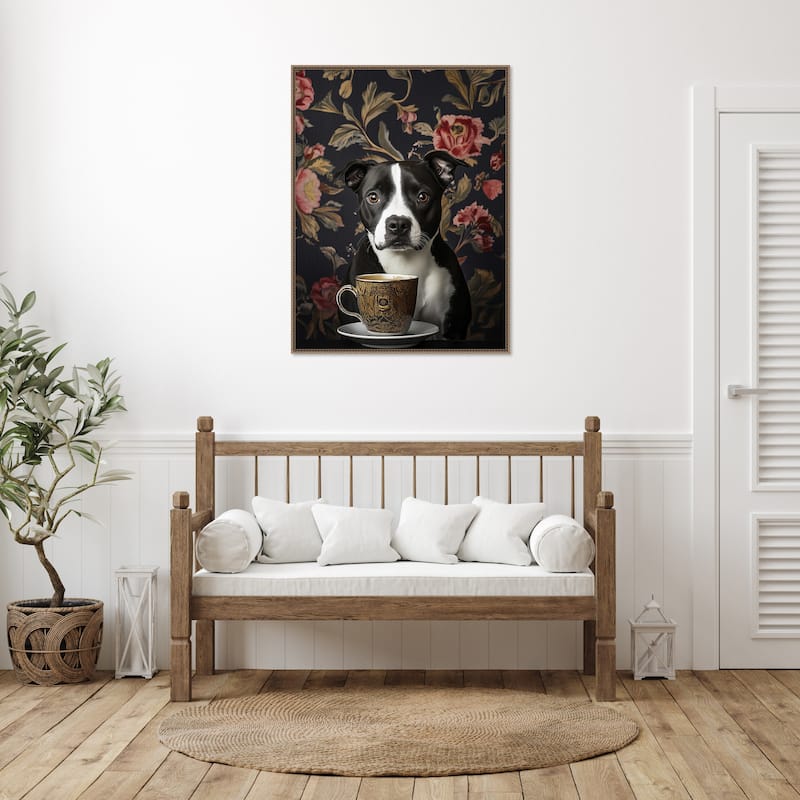 The Refined Staffy Cafe Moment by Mowzu Framed Canvas Wall Art
