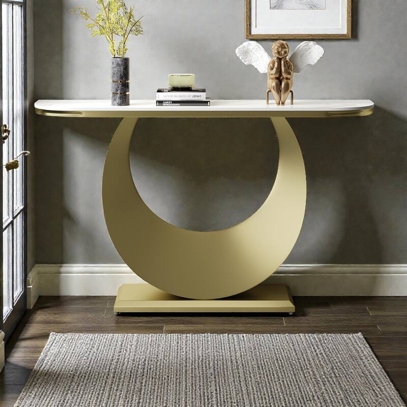 47 Inch Half-Console Table with Faux Marble Top & Gold Metal Base, Modern Narrow Entryway Table for Hallway & Living Room