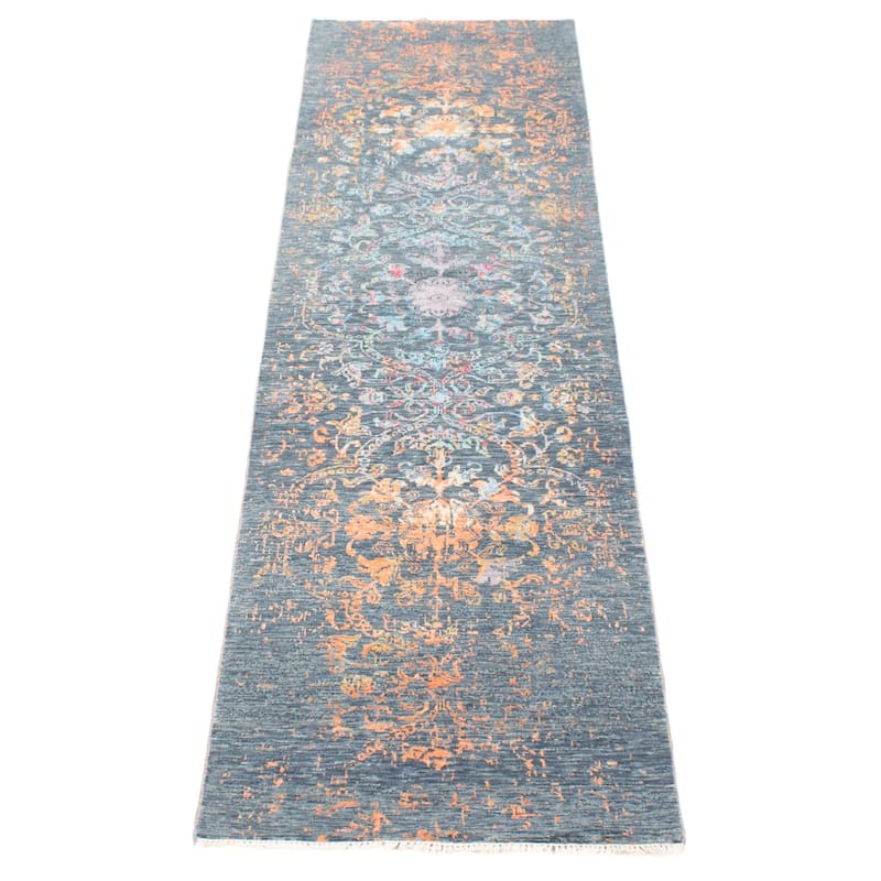 ECARPETGALLERY Hand-knotted Heritage Dark Teal Silk, Wool Rug - 2' 6" x 10' 2"