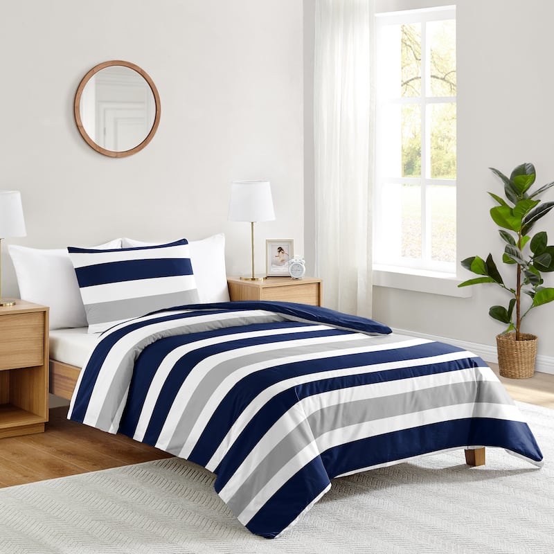 Sweet Jojo Designs Navy Blue/Grey Stripe Boy, Girl, Unisex/Gender Neutral Twin Duvet Cover Bedding Set - Classic, Modern Striped
