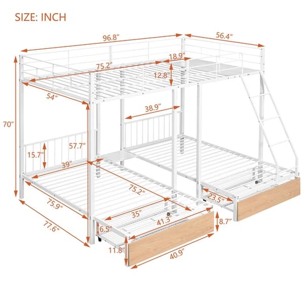 Stylish Full Over Twin & Twin Bunk Bed, Metal Triple Bunk Bed with Drawers and Guardrails, Sturdy and Durable, White