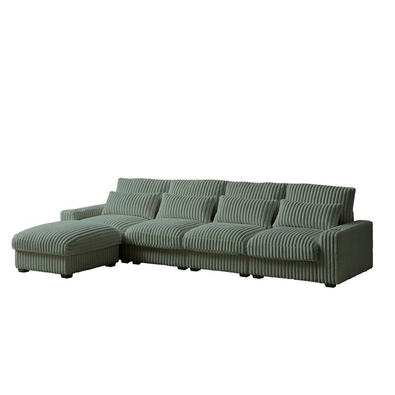 Modern 126-inch Corduroy Sofa with 4 Cushions, Movable Footrest, USB Ports, and Cup Holders