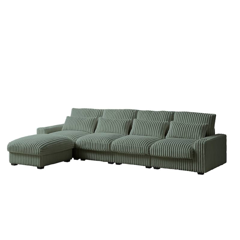 Super Large 126-Inch Corduroy L-Shaped Sofa with Cup Holders, USB Port, Movable Footrest, and 8 Cushions.