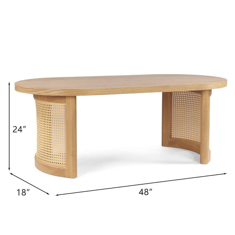 48" Oval Solid Oak Rattan Coffee Table