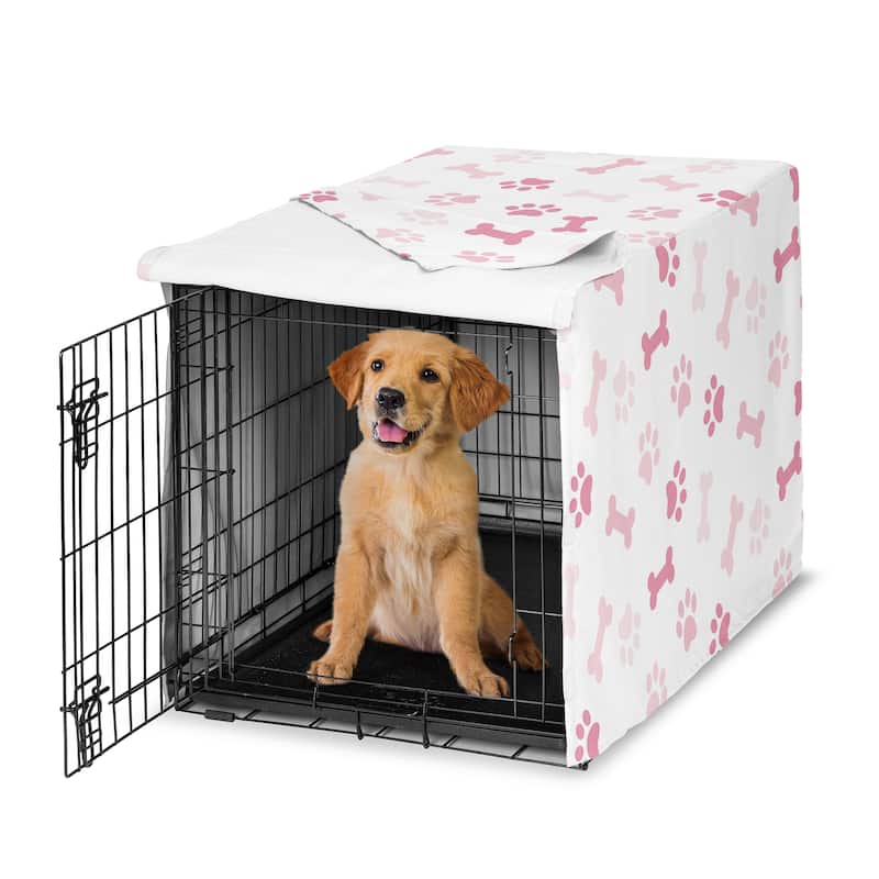 Sweet Jojo Designs Bone Paw Print Girl Dog Crate Kennel Cover 36in. Light and Bright Hot Blush Pink Modern Off White Puppy