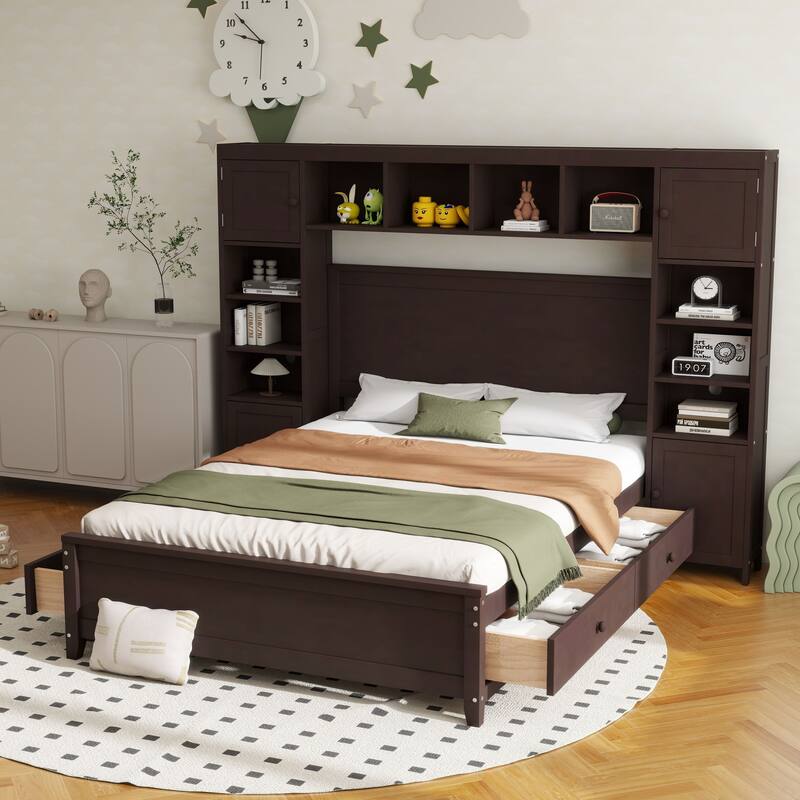 Wooden Bed with Integrated Cabinet and Shelves