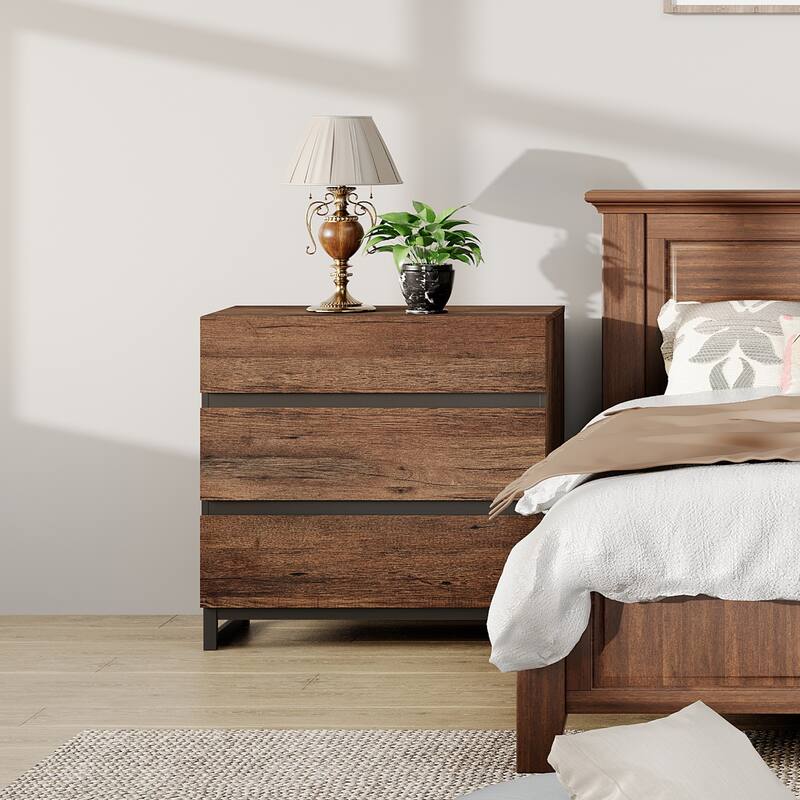WAMPAT Nightstand with 3 Drawers for Bedroom, Modern Bedside Table with Black Square Iron Leg, Wood Rustic Side Table