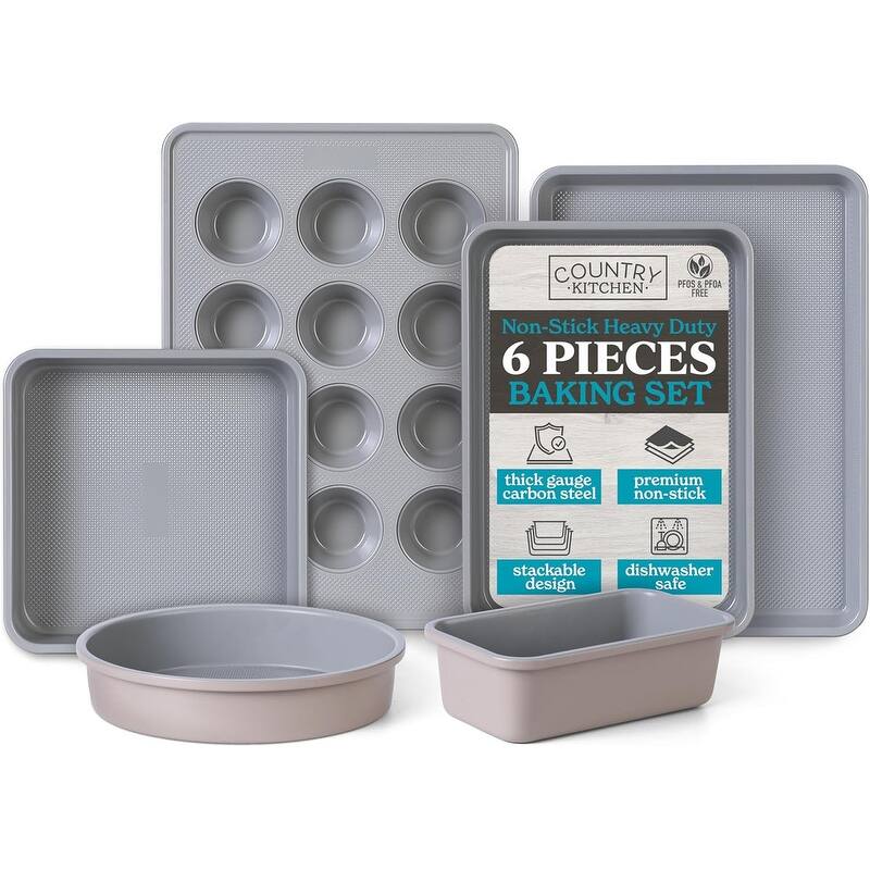 Country Kitchen Nonstick Heavy Duty Stackable Bakeware Set - Durable, Easy Release Baking Set, 6 Pcs - Taupe