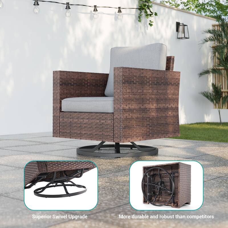 BONOSUKI 3Pcs Patio Swivel Rocking Sofa Set Brown Rattan w/Glass Table